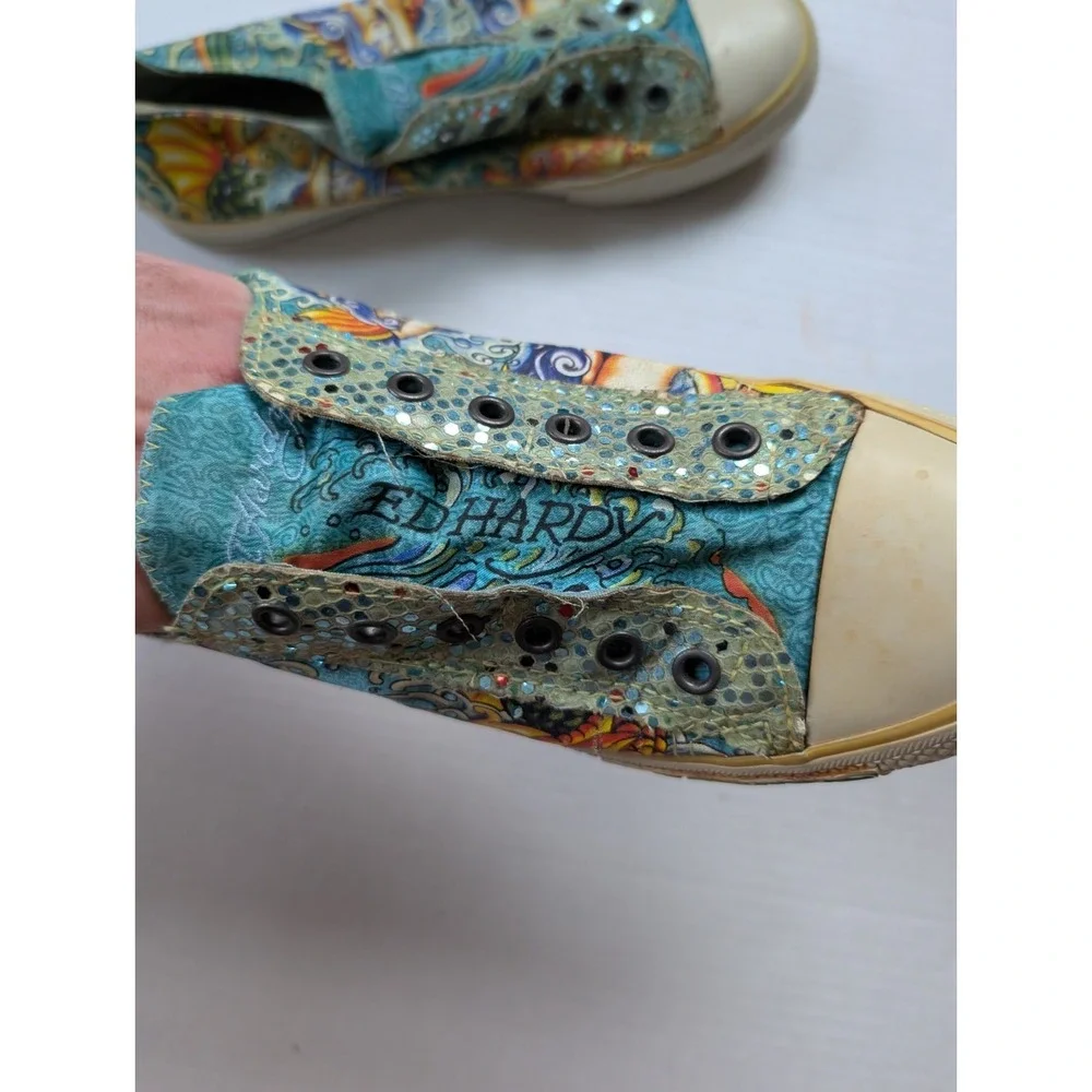 Ed Hardy Womens Size 10 Slip On Shoes Embroidered Glitter Mermaid Y2K Vintage